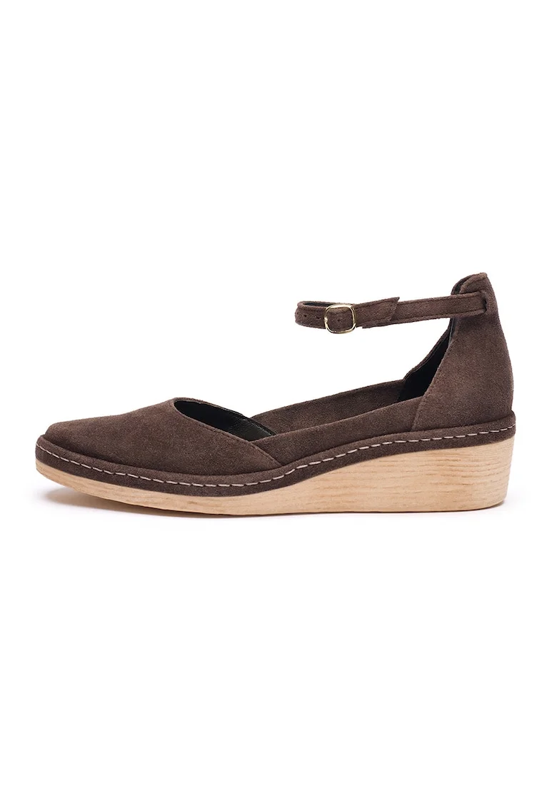 Pantofi wedge din piele intoarsa, Maro inchis