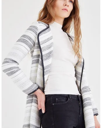 Cardigan fara inchidere cu model in dungi, Alb/Negru