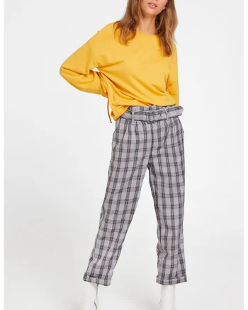 Pantaloni crop cu model in carouri, Negru/Bej/Gri cenusiu