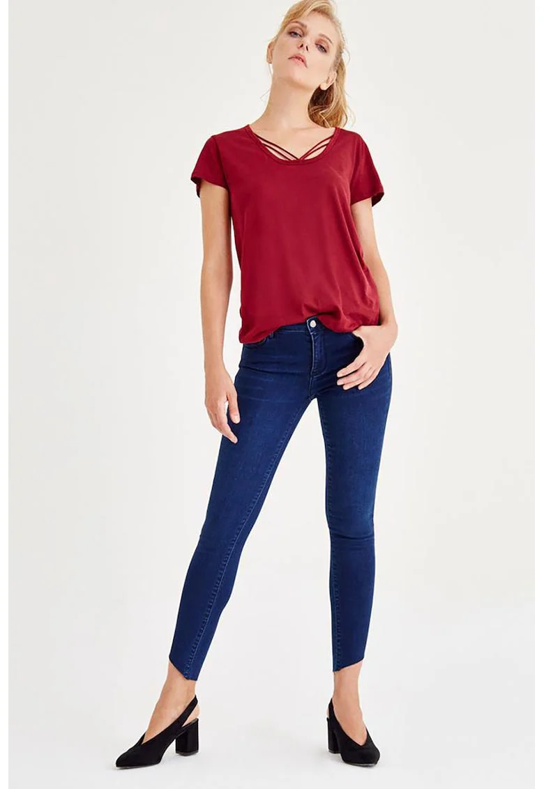 Blugi skinny cu terminatie franjurata, Albastru inchis