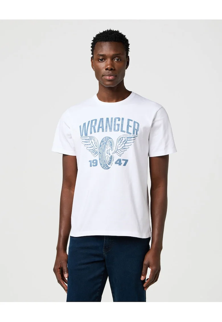 Tricou barbati  AMERICANA, bumbac, alb/albastru, stil uzat
