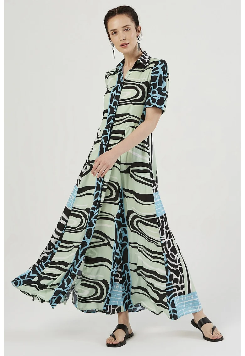 Rochie-camasa cu croiala evazata si buzunare, Negru/Verde pal/Albastru