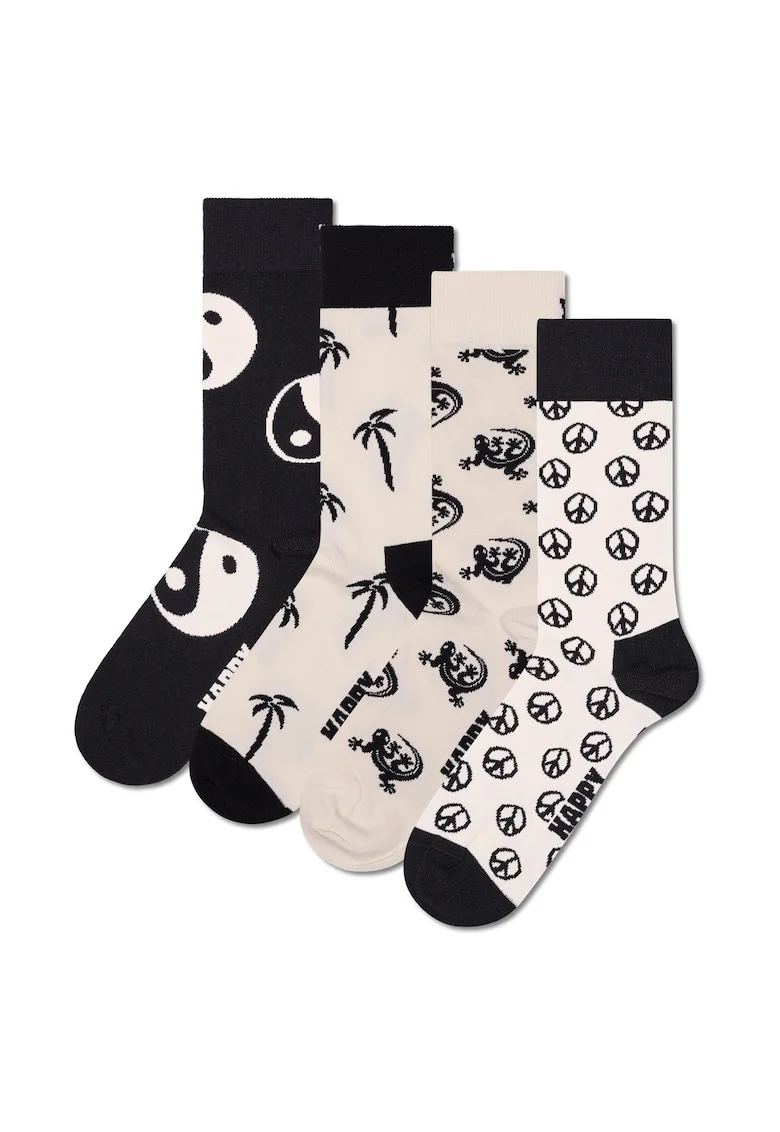 Set de sosete lungi unisex cu imprimeu - 4 perechi, Alb/Negru