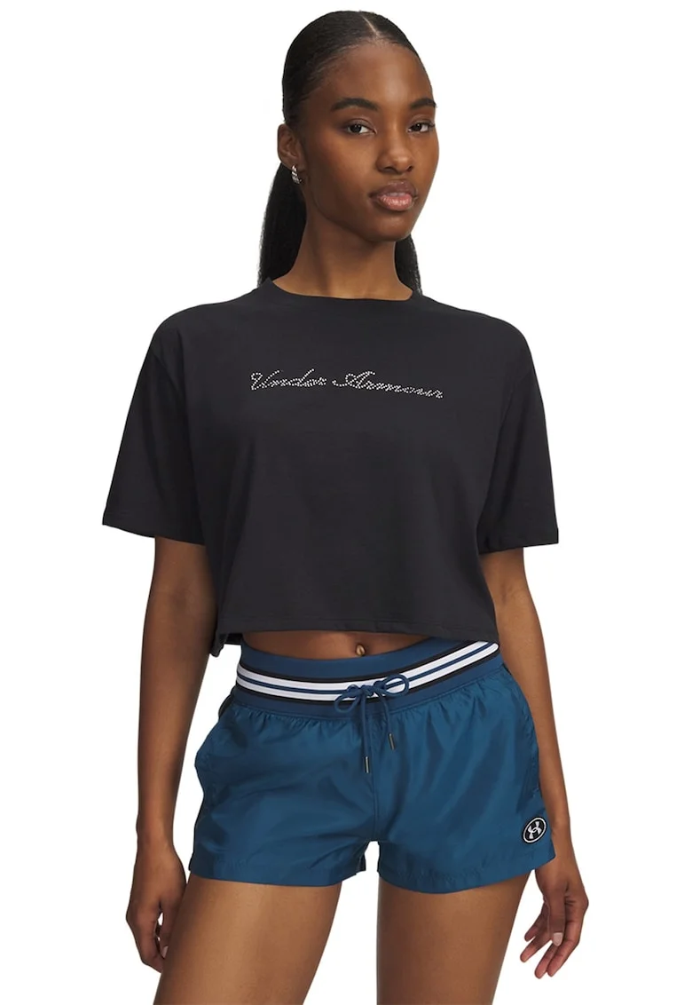 Tricou crop cu croiala lejera si logo decorat cu strasuri, Negru