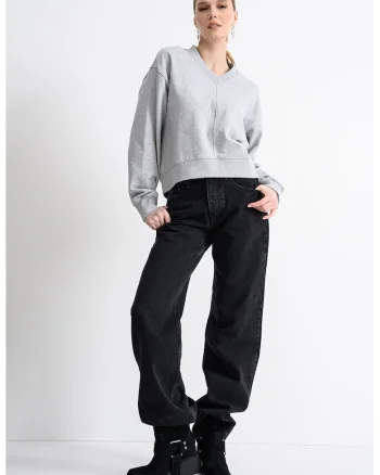 Bluza de trening cu decolteu in V, Gri melange