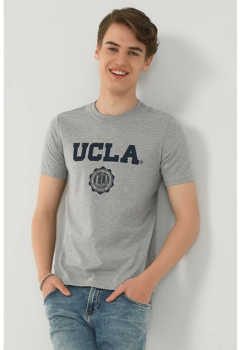 Tricou cu imprimeu logo Gayley, Gri melange/Bleumarin