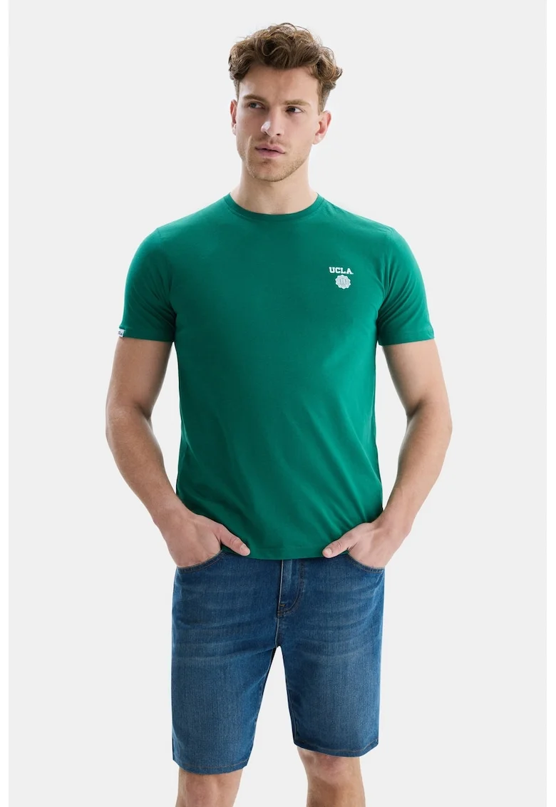 Tricou de bumbac cu decolteu la baza gatului, Verde aquamarin