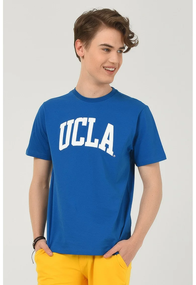 Tricou cu decolteu la baza gatului si imprimeu logo Culver, Alb/Albastru royal