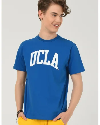 Tricou cu decolteu la baza gatului si imprimeu logo Culver, Alb/Albastru royal