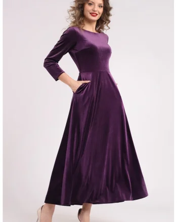Rochie cu aspect de catifea si buzunare laterale, Mov inchis