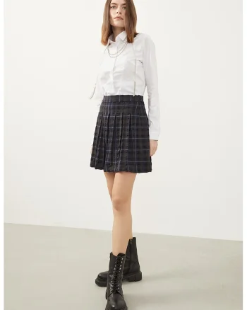Fusta mini cu pliuri si model in carouri, Negru/Albastru