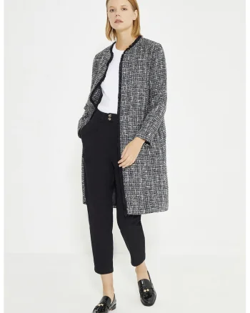 Palton cu model herringbone si aspect texturat, fara inchidere, Alb/Negru