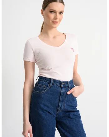 Tricou slim fit cu decolteu in V, Roz pastel