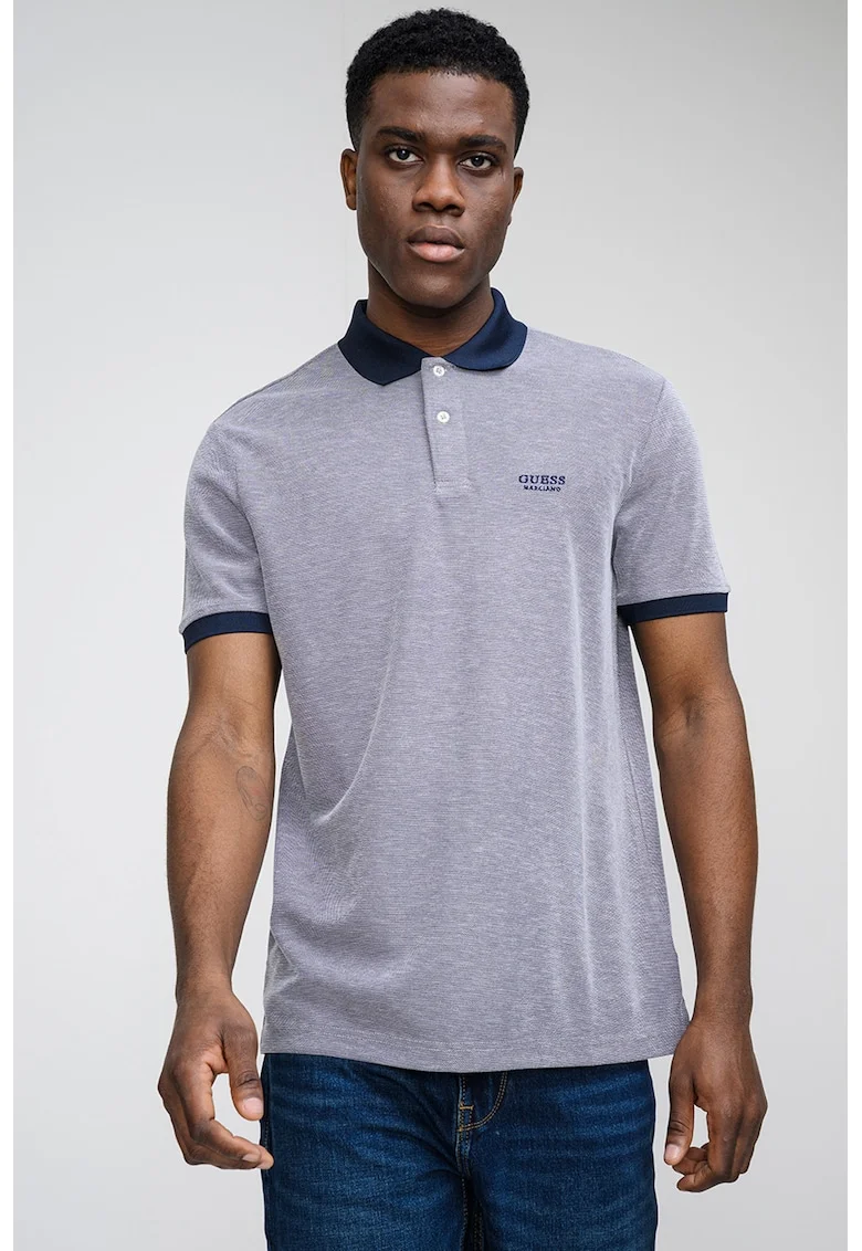 Tricou polo cu fenta cu nasturi, Alb/Bleumarin