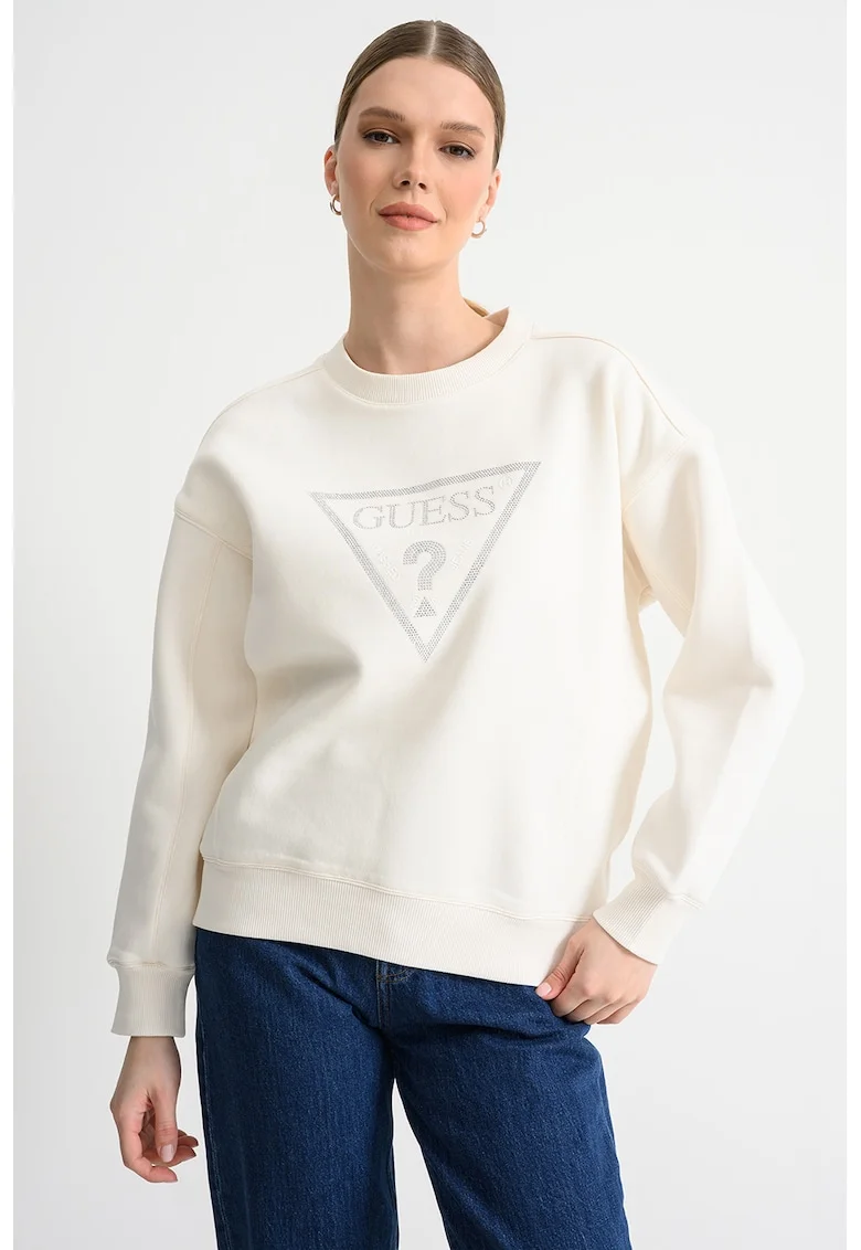 Bluza de trening cu maneci cazute si logo din strasuri, Crem/Argintiu