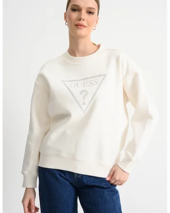Bluza de trening cu maneci cazute si logo din strasuri, Crem/Argintiu