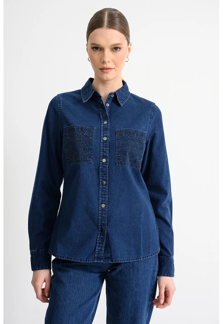 Camasa de denim cu buzunare pe piept, Negru/Albastru inchis