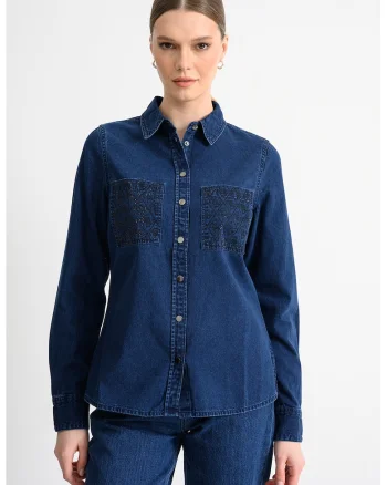 Camasa de denim cu buzunare pe piept, Negru/Albastru inchis