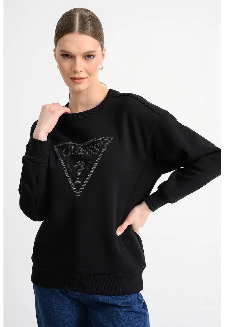 Bluza de trening cu maneci cazute si logo din strasuri, Negru