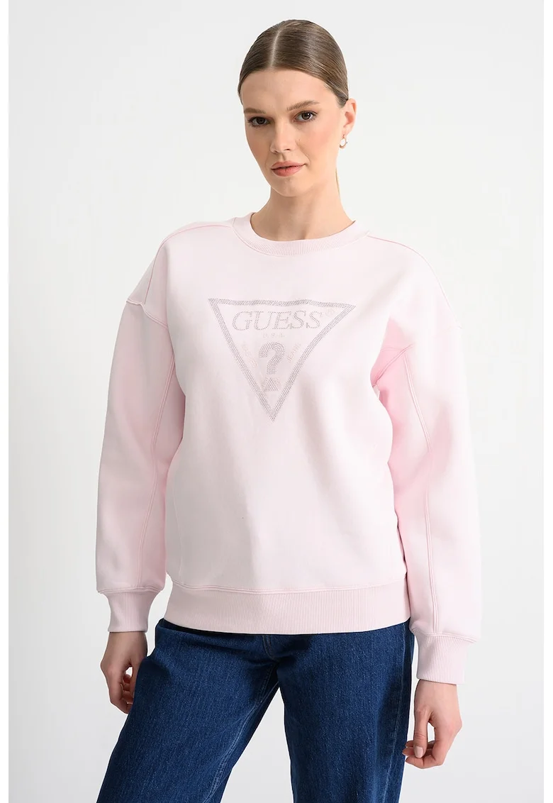 Bluza de trening cu maneci cazute si logo din strasuri, Roz pastel/Argintiu