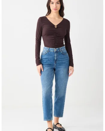 Bluza slim fit cu drapaj frontal, Maro inchis