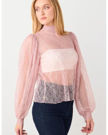 Bluza din dantela cu maneci bufante, Roz pastel