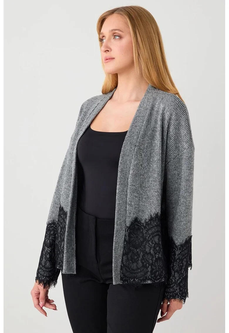 Cardigan fara inchidere cu detalii din dantela, Gri deschis/Gri antracit