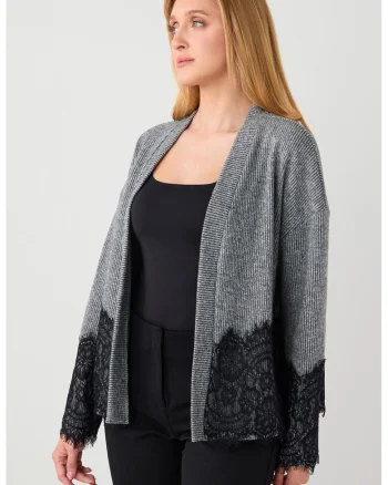 Cardigan fara inchidere cu detalii din dantela, Gri deschis/Gri antracit