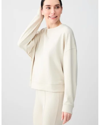 Bluza de trening din amestec de modal cu decolteu la baza gatului si maneci cazute, Bej deschis