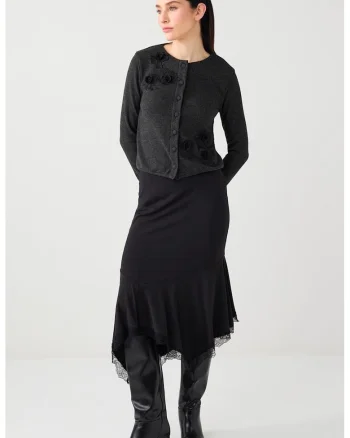 Cardigan tricotat cu broderii florale, Gri antracit