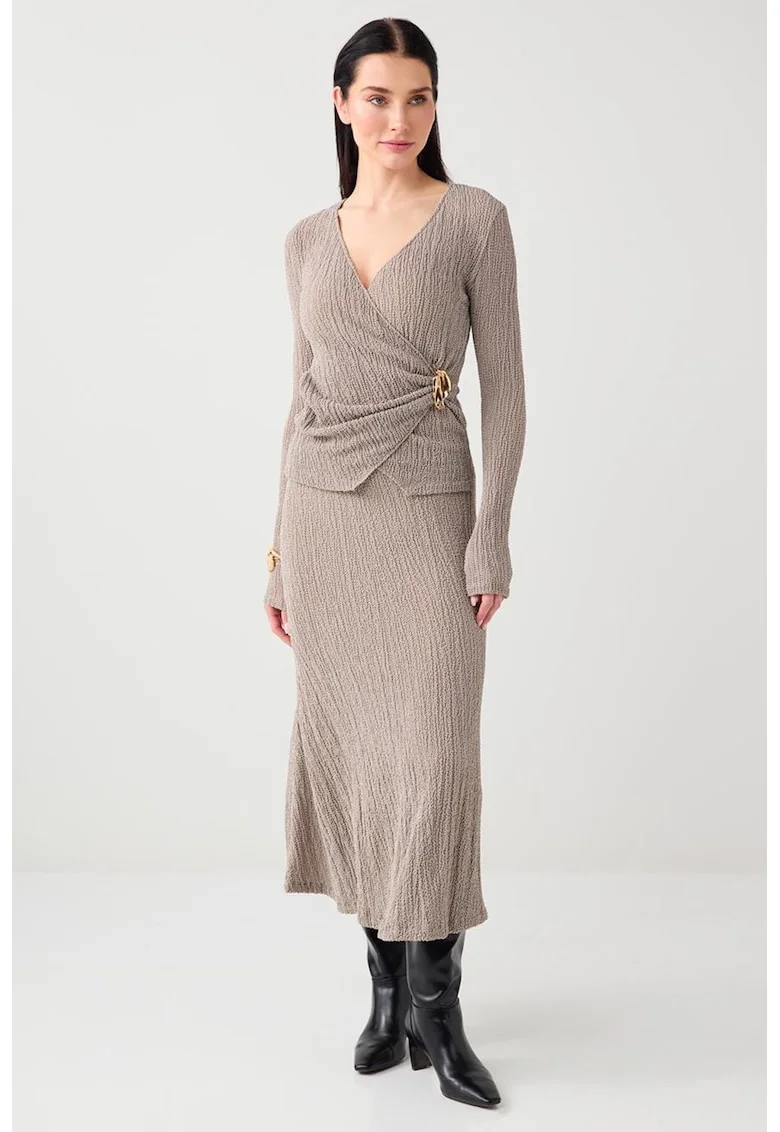 Bluza slim fit cu croiala petrecuta si texturata, Maro taupe