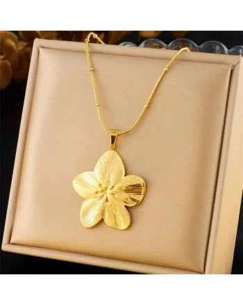 Colier auriu, din otel inoxidabil, suflat cu aur 18k, cu pandantiv floare, Sunniva C1