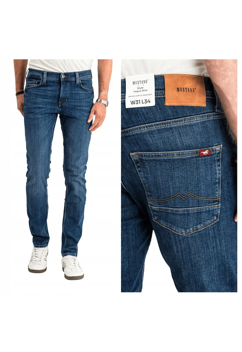 Blugi Barbati,  Vegas Slim, Slim Fit, Talie Medie, Fermoar, Lungi, 5 Buzunare, Bumbac, Albastru, Albastru