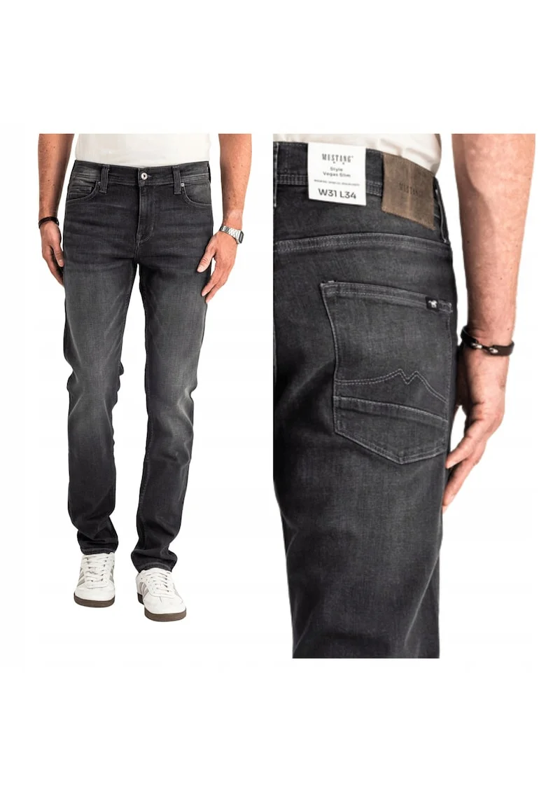 Blugi Barbati,  Vegas Slim, Slim Fit, Talie Medie, Fermoar, Lungi, 5 Buzunare, Bumbac, Negru, Negru