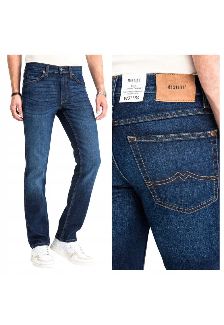 Blugi Barbati,  Tramper Tapered, Slim Fit, Talie Medie, Fermoar, Lungi, 5 Buzunare, Bumbac, Albastru, Albastru