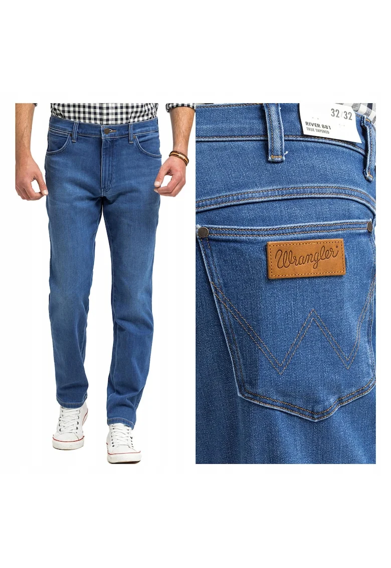 Blugi Barbati,  River, Straight Fit, Talie Inalta, Fermoar, Lungi, 5 Buzunare, Bumbac, Albastru, Albastru
