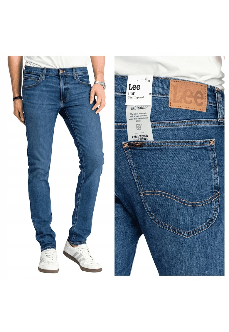 Blugi Barbati,  Luke, Slim Fit, Talie Medie, Fermoar, Lungi, 5 Buzunare, Bumbac, Albastru, Albastru