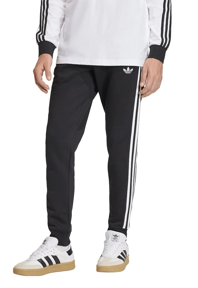 Pantaloni sport conici cu 3 dungi si buzunare laterale, Alb/Negru