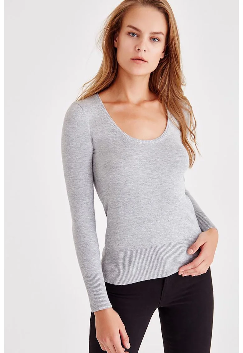 Pulover slim fit cu decolteu adanc, Gri deschis melange