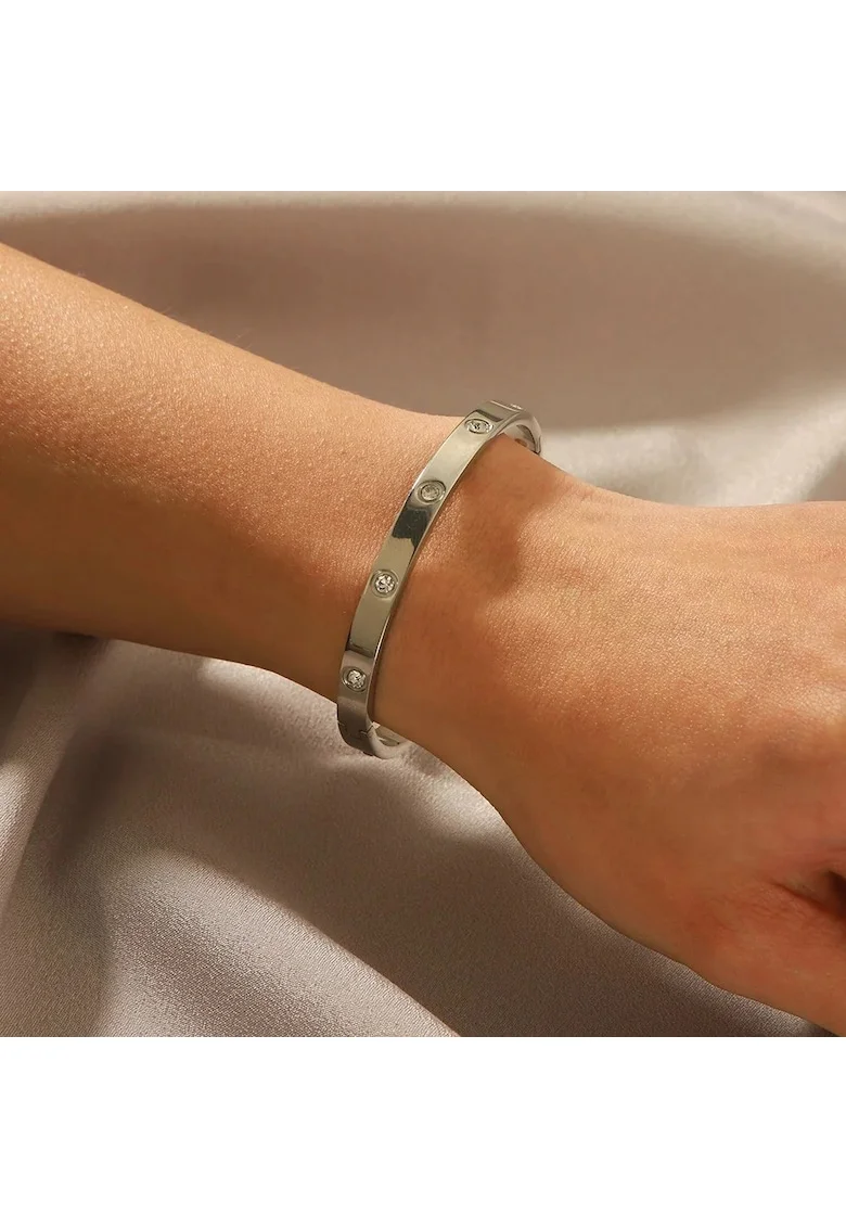 Bratara argintie, din otel inoxidabil, suflata cu aur 18k, tip bangle, cu pietre din zirconiu, Palma C4
