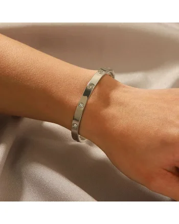 Bratara argintie, din otel inoxidabil, suflata cu aur 18k, tip bangle, cu pietre din zirconiu, Palma C4