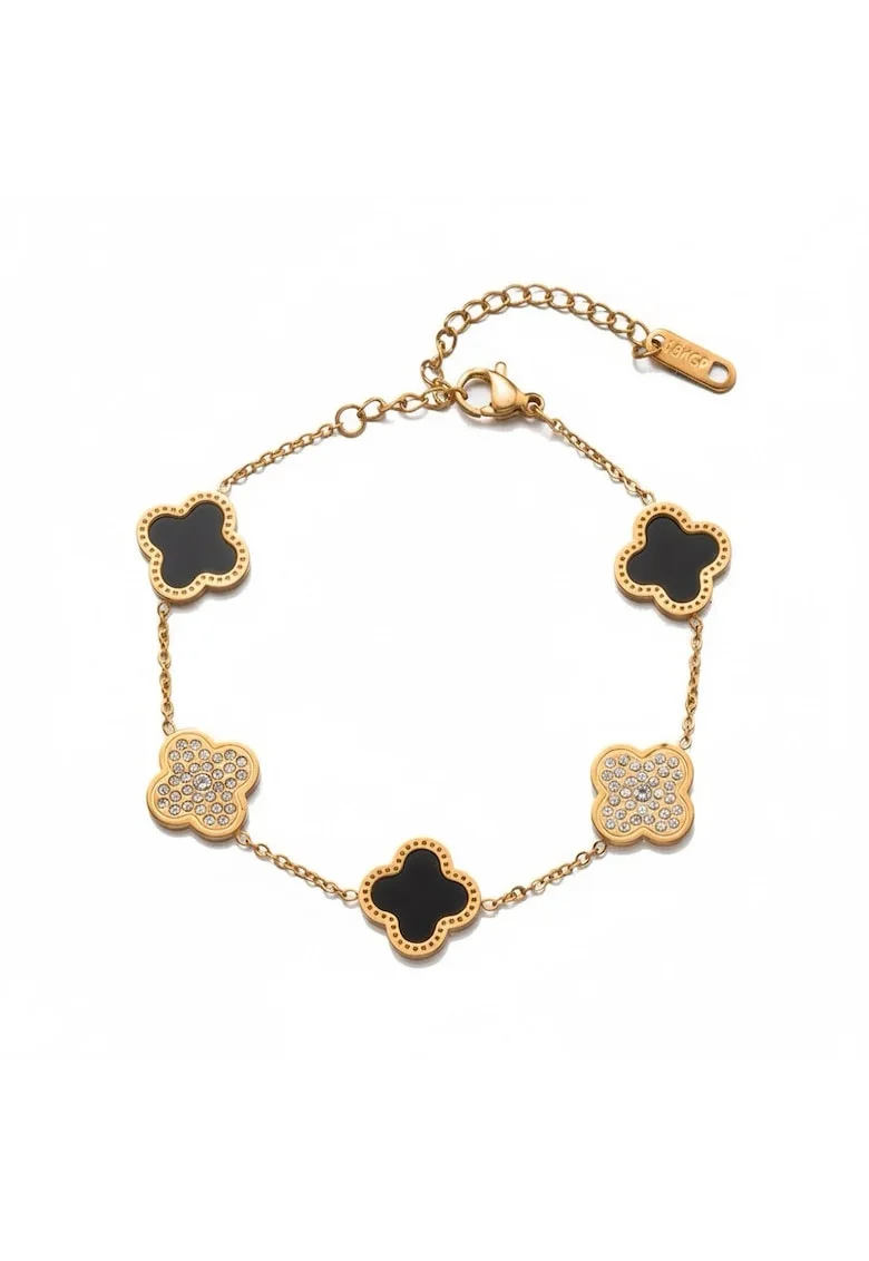 Bratara rose gold, otel inoxidabil, suflata cu aur 18k, cu piese in forma de trifoi stilizat si pietre, Donia C6
