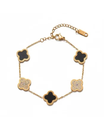 Bratara rose gold, otel inoxidabil, suflata cu aur 18k, cu piese in forma de trifoi stilizat si pietre, Donia C6