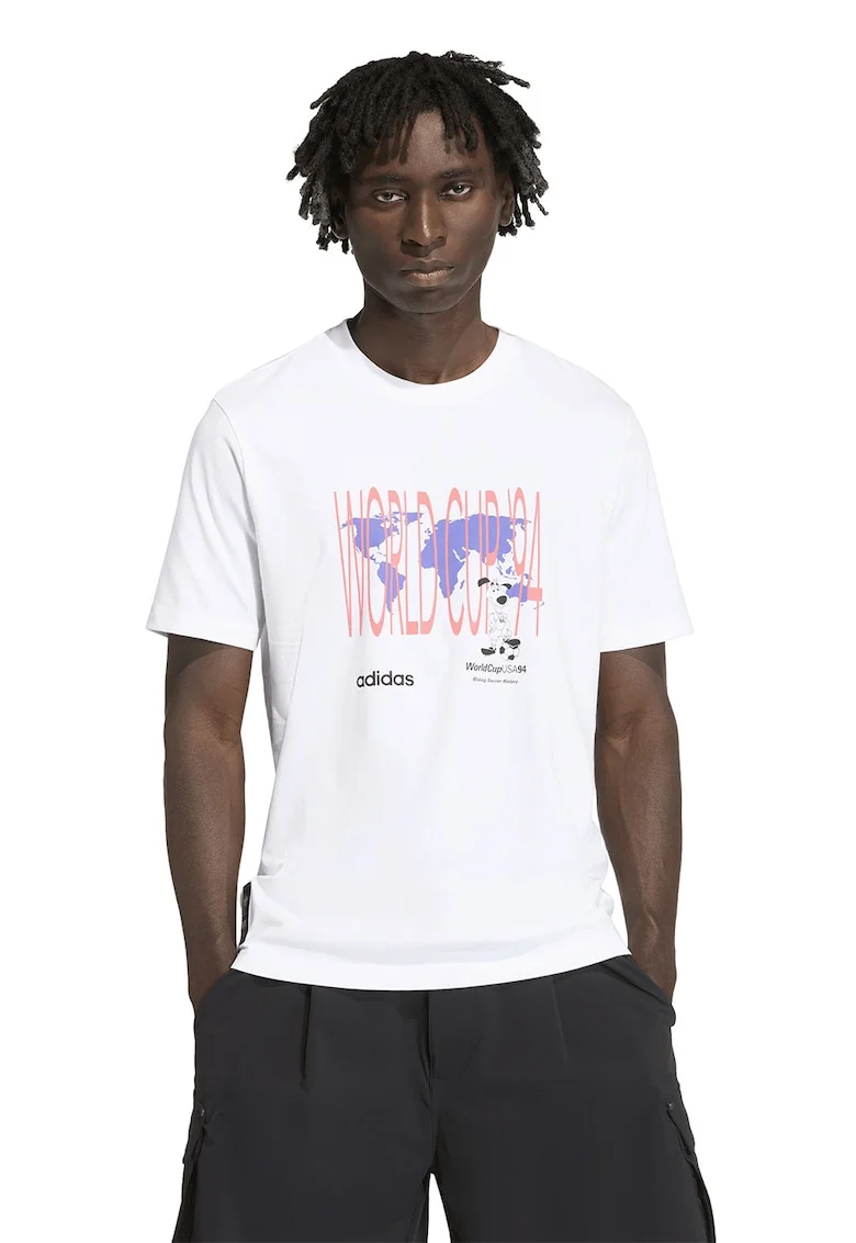 Tricou cu imprimeu si decolteu la baza gatului, Alb/Coral/Ametist