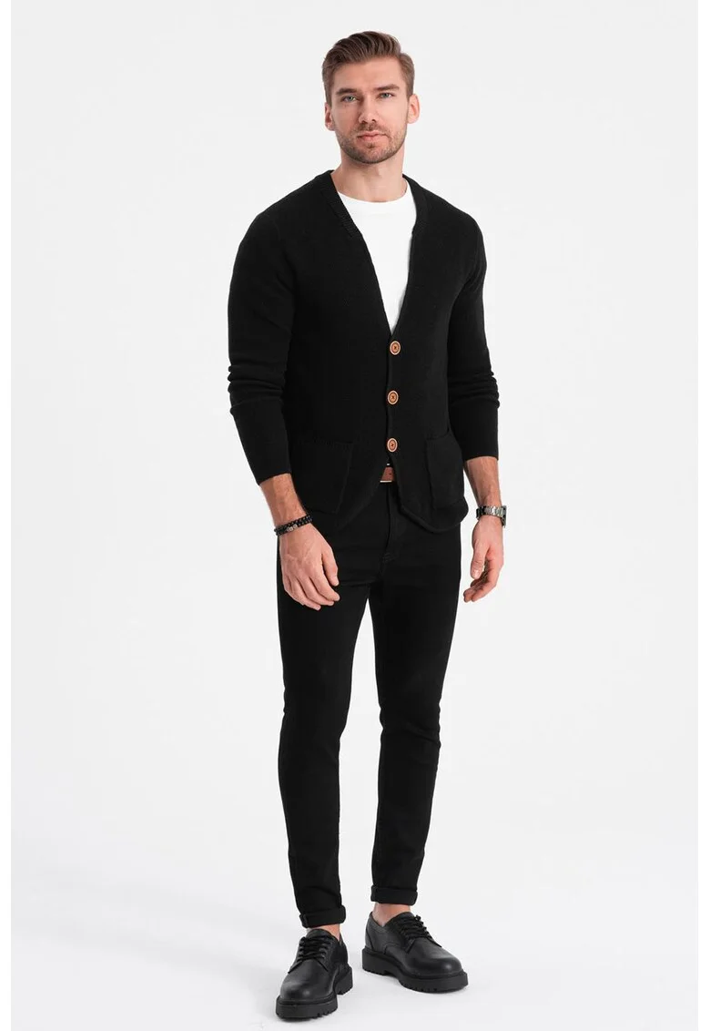 Cardigan cu decolteu in V si buzunare, Negru