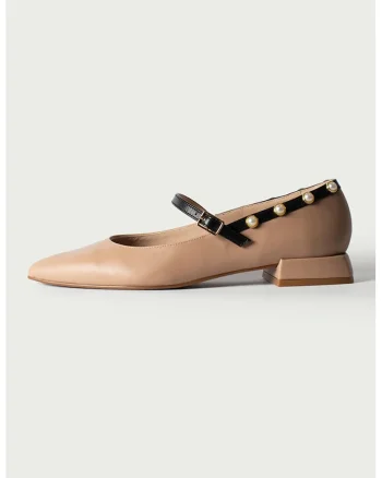 Balerini Mary Jane din piele cu perle sintetice, Negru/Maro camel