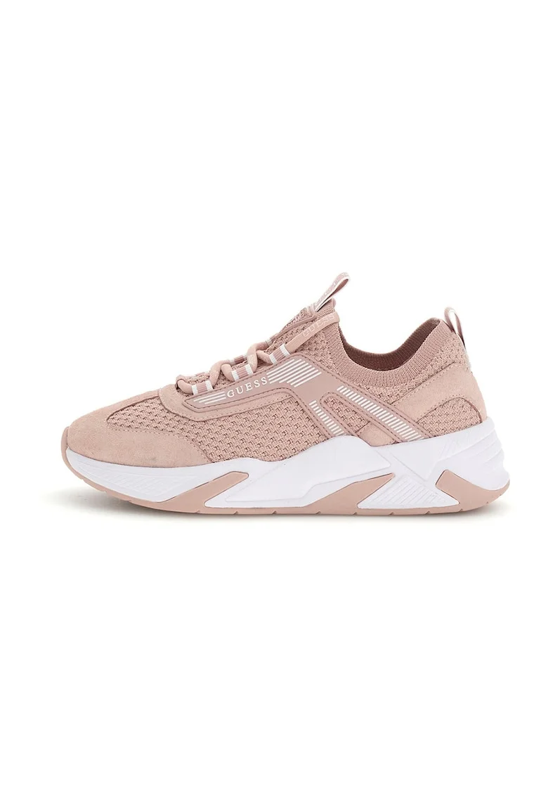 Pantofi sport wedge cu model tricotat si segmente din piele intoarsa sintetica, Roz prafuit