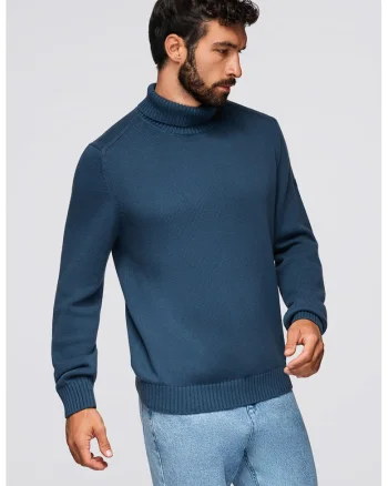 Pulover din bumbac cu guler inalt si model uni, Albastru petrol
