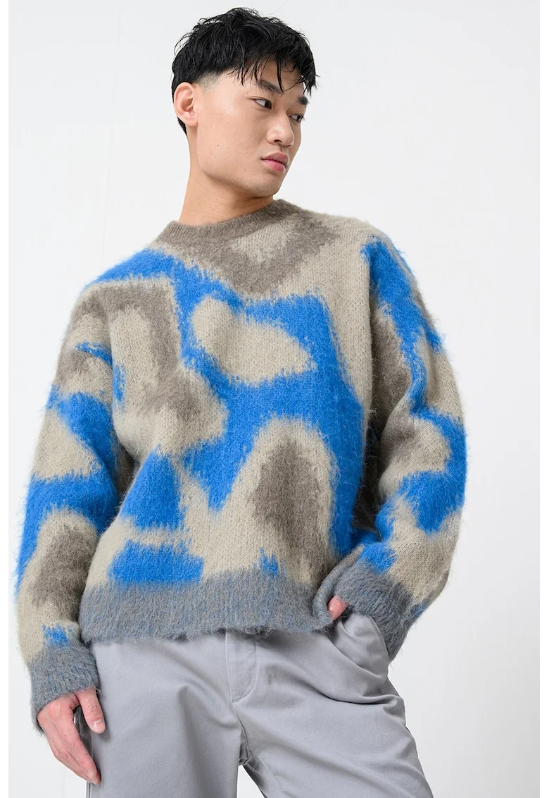 Pulover lejer cu decolteu la baza gatului, Albastru royal/Maro deschis/Maro camel
