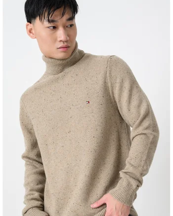 Pulover din amestec de lana cu guler inalt, Maro camel